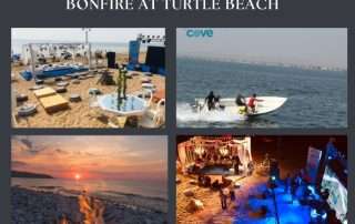 A scenic beach bonfire at Turtle Beach Karachi with glowing flames, people sitting around, and the ocean in the background