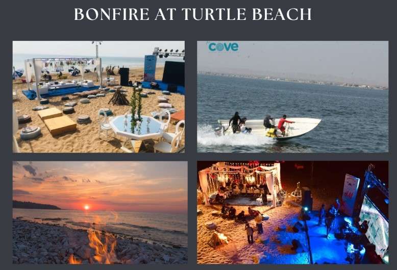 A scenic beach bonfire at Turtle Beach Karachi with glowing flames, people sitting around, and the ocean in the background